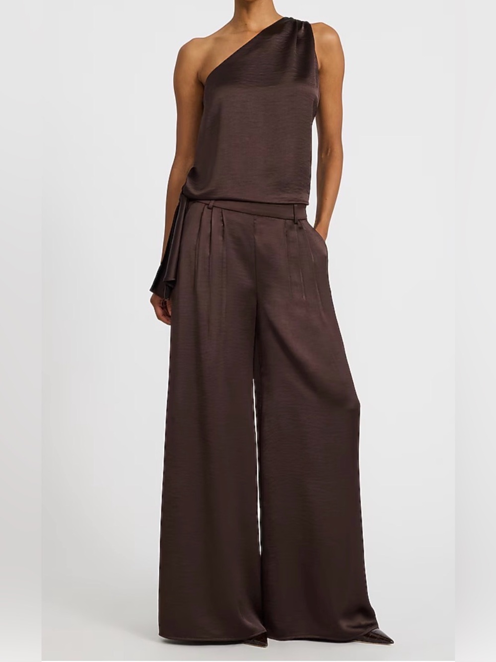 Express One Shoulder Satin top and High Waisted Satin wide leg pants.